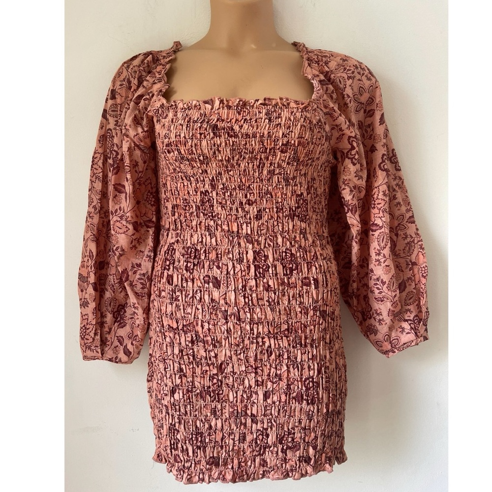 FREE PEOPLE Smock it to Me Floral On/Off Shoulder Mini Dress Coquette Milkmaid S - Picture 8 of 16